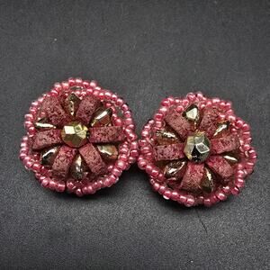 Western Germany Beaded Clip On Earrings Maroon Pink Cluster Vintage Jewelry